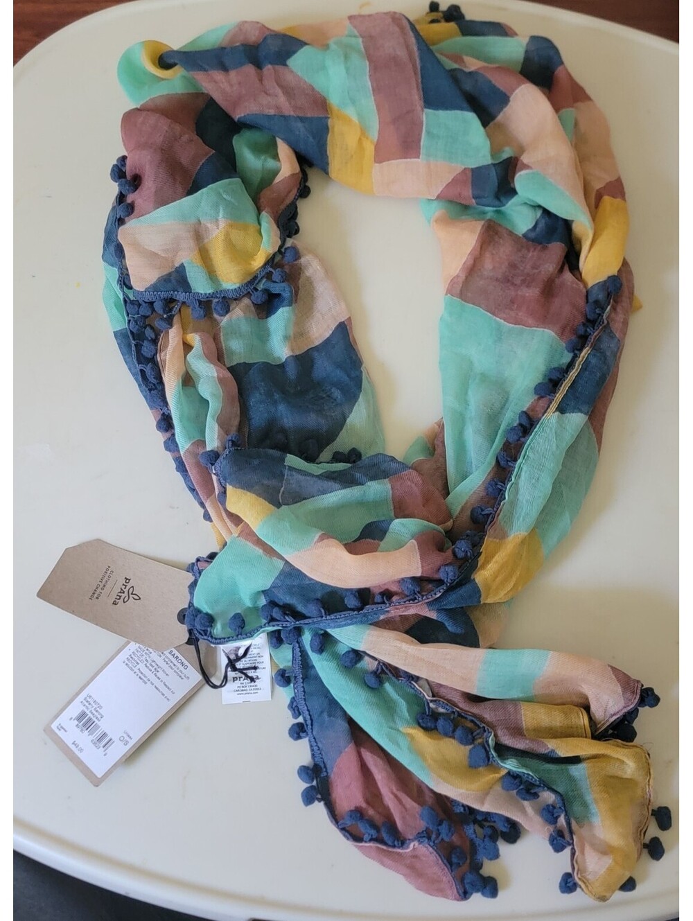 Prana Scarf Geometric block-print Oversized Sarong Pom Pom Trim 68”L x 38”W Boho